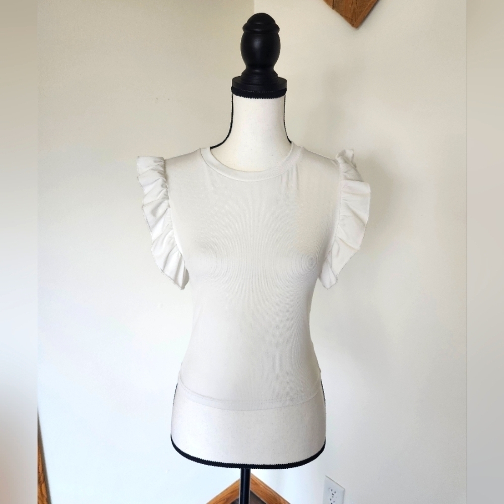 SHEIN White Ribbed Fitted Ruffled Sleeveless Shirt - Picture 2 of 5